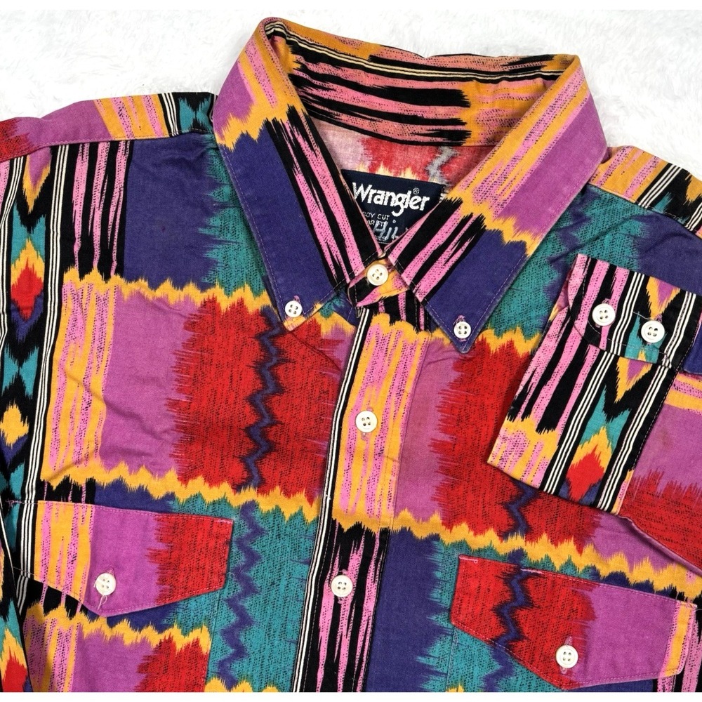 VTG 90s Wrangler Brushpopper Western Shirt Men XL Patchwork Aztec Southwest RARE